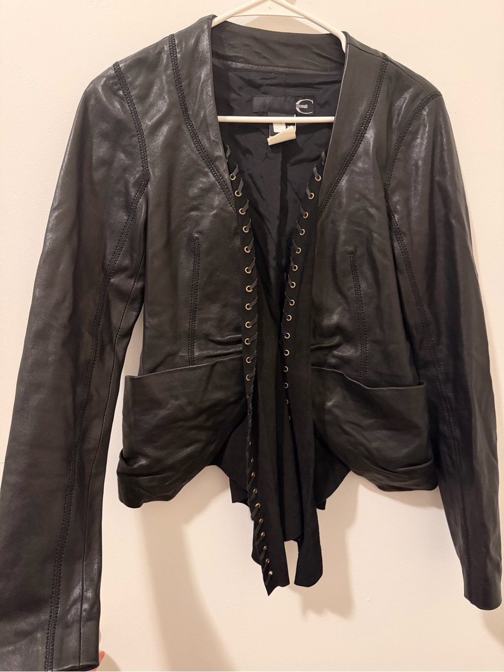 Roberto Cavalli Black Leather Lace-Up Front Jacket